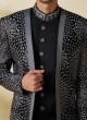 Black Embroidered Jacket Style Indowestern Set In Velvet